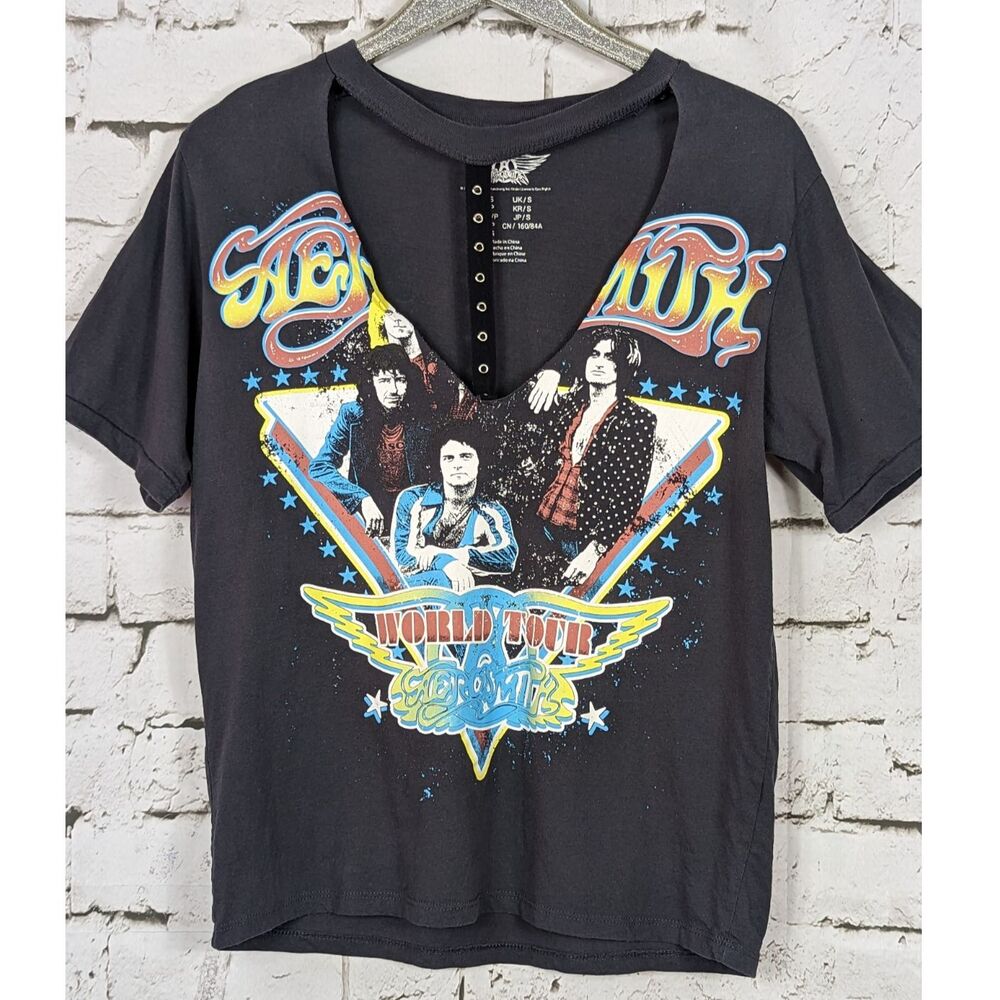 AEROSMITH Grommet Choker Collar Tee Dark Gray Cotton Size Small